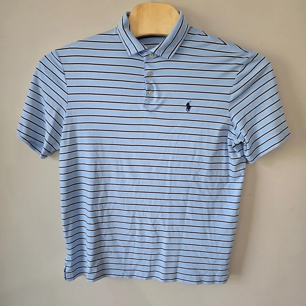 Polo Ralph Lauren Mens Large Blue Striped Short‎ Sleeve Cotton Polo Shirt L